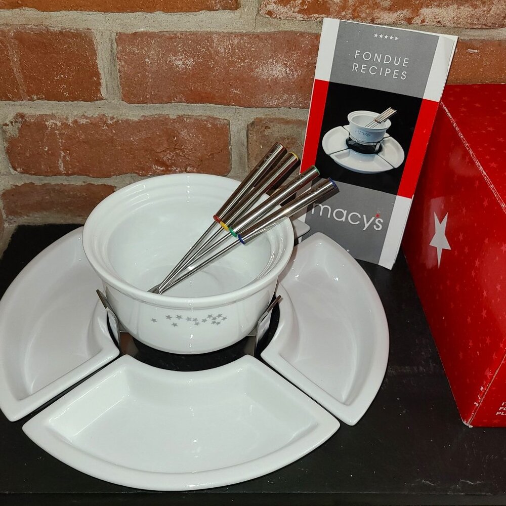 Vintage Macy's 11 Piece Ceramic Fondue Set Including Recipe Booklet